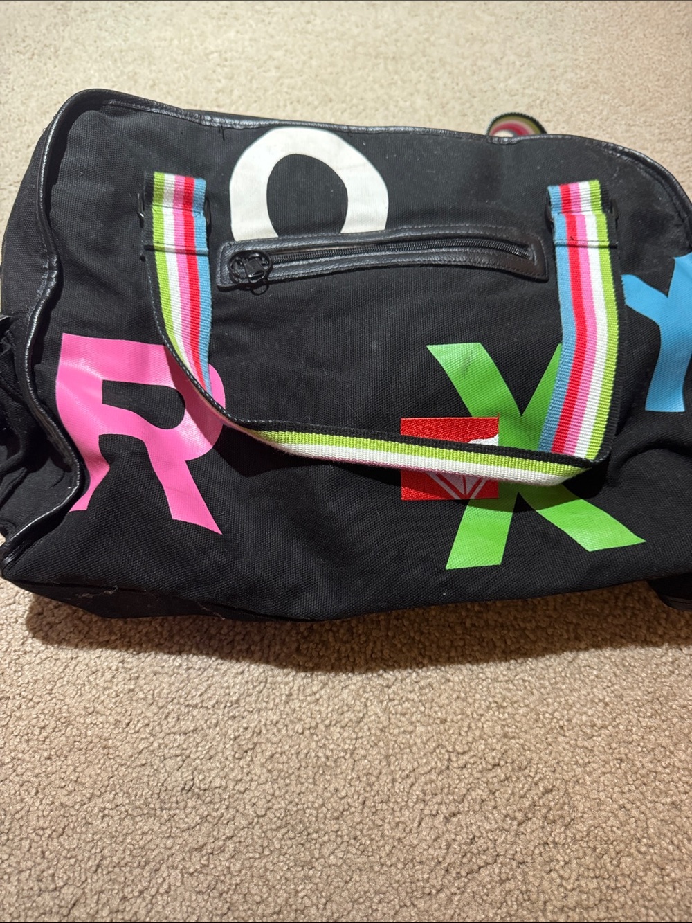 Roxy Black Graphic Canvas Tote with Multicolor Stripe Handles